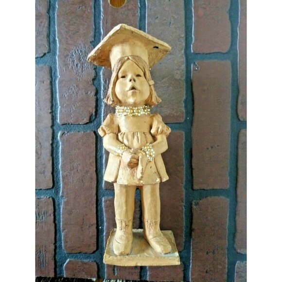 Antique/vintage Hand Carved Wood Figurine Girl w/Graduation cap flawed beige 11" - Picture 11 of 12
